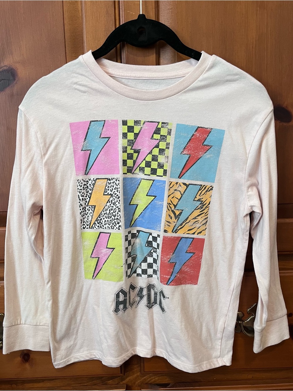 AC/DC Girls Light Pink Short Sleeve Tee with Multicolor Lightning Blocks